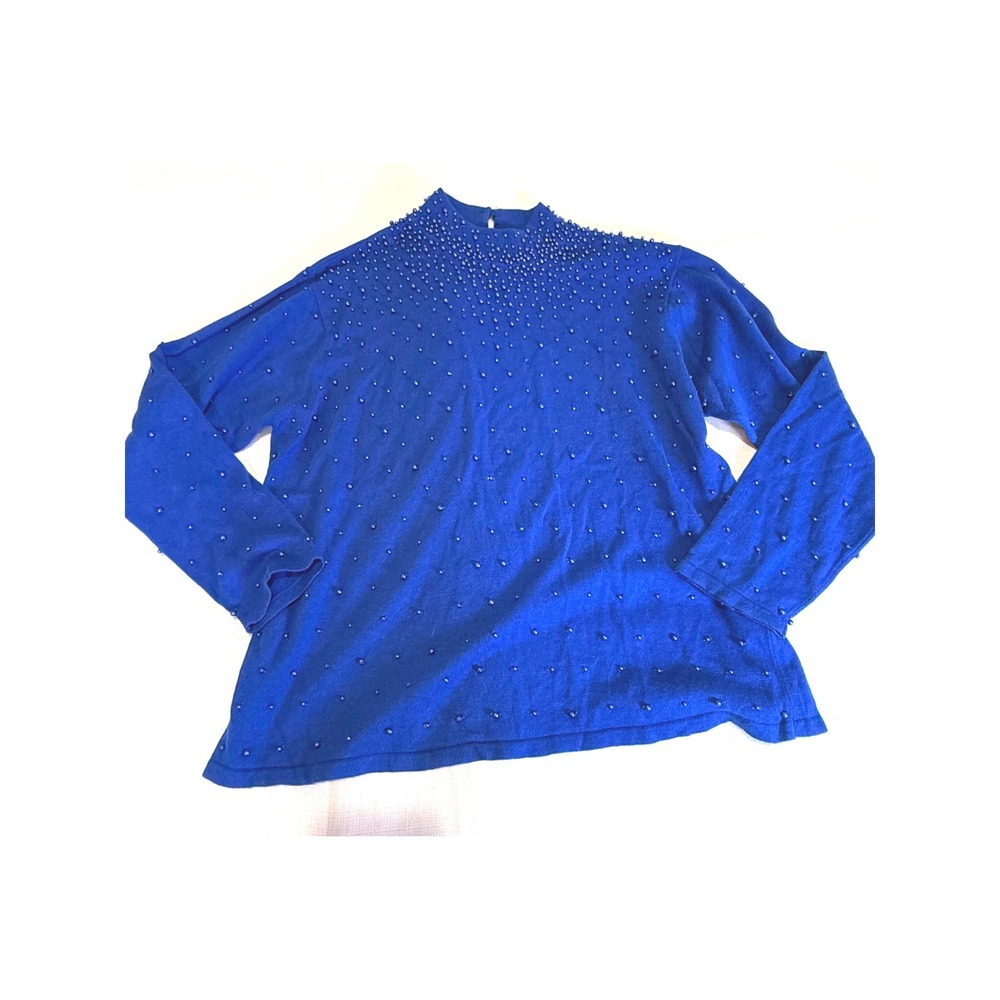 Vintage BFA Classics Beaded Sweater XL Royal Blue Ramie Cotton 90s Grandma Core‎